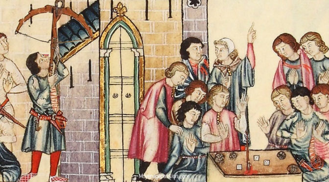 le miracle de Cantiga de Santa Maria 154 : une flèche ensanglantée pour un joueur colérique
