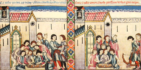 Enluminures de la Cantiga 154 : les joueurs de dés sont devant l'église de Sainte Marie, le joueur malchanceux s'empare d'une arbalète.