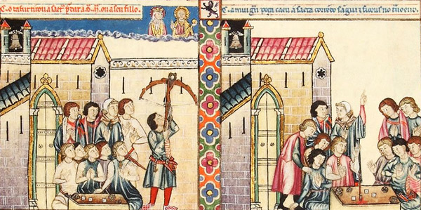 Enluminure de la Cantiga 154 : le  joueur de dés tirent en direction du ciel  une flèche, la flèche retombe ensanglantée et se plante sur le plateau de jeu
