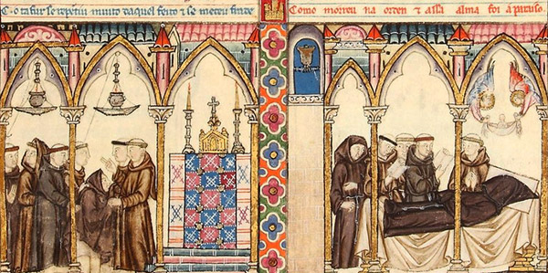 Enluminure de la Cantiga 154 : le joueur se convertit et se fait moine jusqu'à sa mort, il obtiendra finalement le pardon et le salut