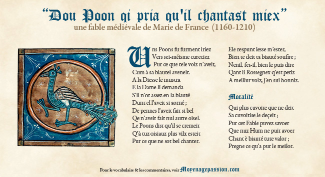"Du poon qi pria qu'il chantast miex", texte de la fable du jour en franco-normand avec enluminure d'un paon tirée du manuscrit BM 14 de la Bibliothèque de Chalons (fin XIIIe siècle) 