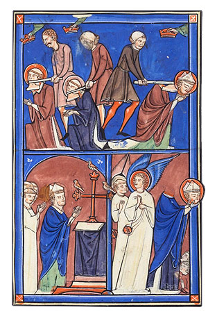 Enluminure du martyre de Saint Denis, manuscrit médiéval NAF 1098 XIIIe siècle - Départements des manuscrits BnF