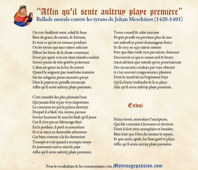 la ballade "Affin qu'il sente aultruy playe première" en graphie moderne avec enluminure du portrait de l'auteur 