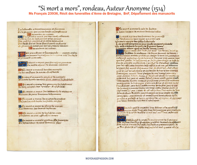 Le rondeau "Mort a mort" dans le récit des funérailles d'Anne de Bretagne, manuscrit Français 23936 de la BnF