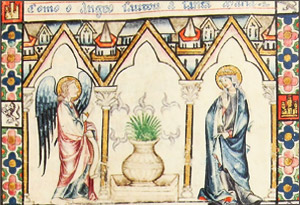 La révélation à Marie par l'ange Gabriel, enluminure de la Cantiga de Santa Maria 1 (XIIIe siècle)