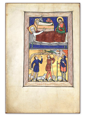 Le feuillet complet du psautier Arundel Ms 157 avec l'enluminure de la nativité et en dessous l'annonciation aux bergers.