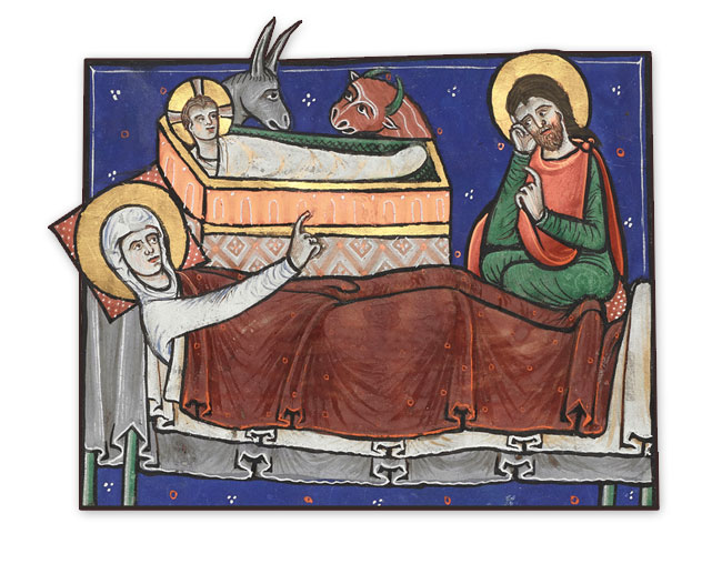 Une enluminure de la Nativité tirée du Psautier de Marie ou Arundel Ms 157 de la British Library