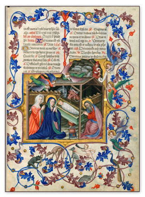 La feuillet entier du manuscrit Rothschild 2529 de la BnF et sa riche enluminure sur la nativité.