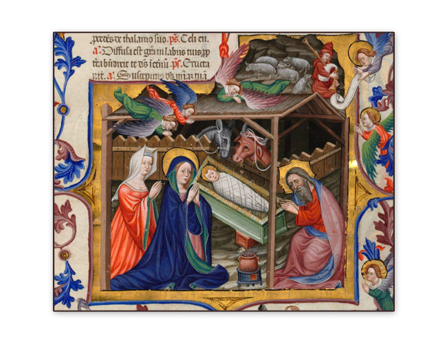 Une enluminure de la nativité dans le Bréviaire de Martin d'Aragon ou manuscrit Rothschild 2529 de la BnF