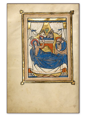 Le feuillet complet du ms 14 et son Enluminure de la Nativité.