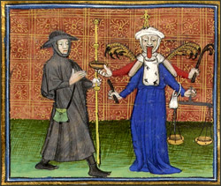 Pèlerin face à convoitise - Enluminure du ms Français 376 de la BnF.  "Le pélerinage de l'âme", par Guillaume de Digulleville