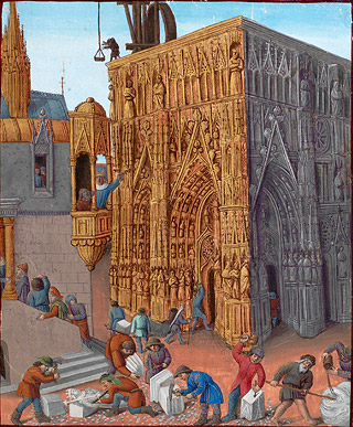 Enluminure de bâtisseurs de cathédrale dans le Codice Bodmer 181, "Flavius Iosephus, Antiquitates iudaicae", jean Fouquet, XVe siècle