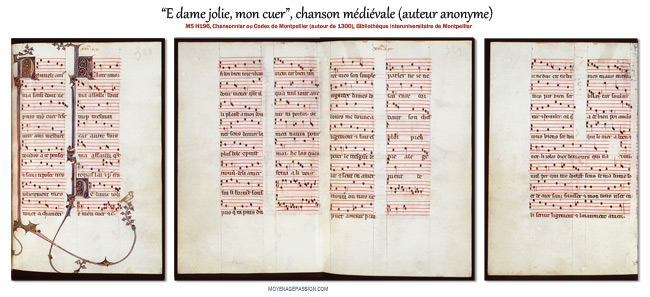 Le motet "E, dame jolie, Mon cuer sans fauceir" & sa partition, dans le codex de Montpellier (H196) - manuscrit enluminé du XIIIe siècle