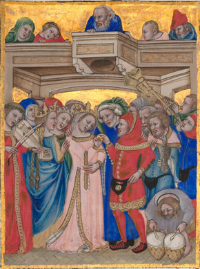 Le Mariage, enluminure du XIVe siècle, Niccolò di Giacomo da Bologna National Gallery of Art (Washington), tiré d'un exemplaire de "Novella in Decretales" de Johannes Andreae.