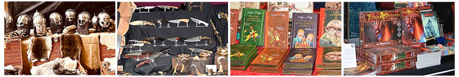 Stands présents au salon Normannia 2026 : armures et casques, peaux, coutellerie, livres illustrés et jeux de rôles.