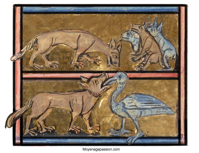 Enluminure retouchée de la fable du Loup et de la Grue dans le manuscrit ms Français 24428 de la BnF (datation milieu du XIIIe siècle)