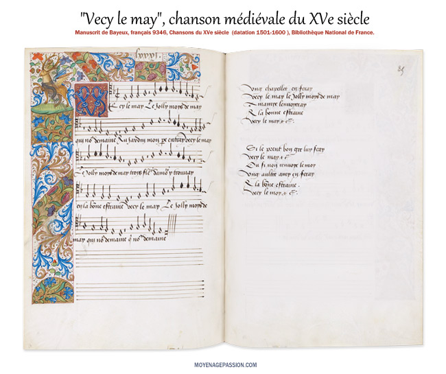 "Vecy le may", dans le joli manuscrit enluminé de Bayeux - ms français 9346, chansonnier de Bayeux