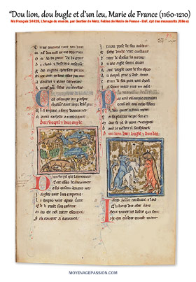 Page du manuscrit ms Français 24428 de la Bnf avec la fable du jour et ses enluminures originales