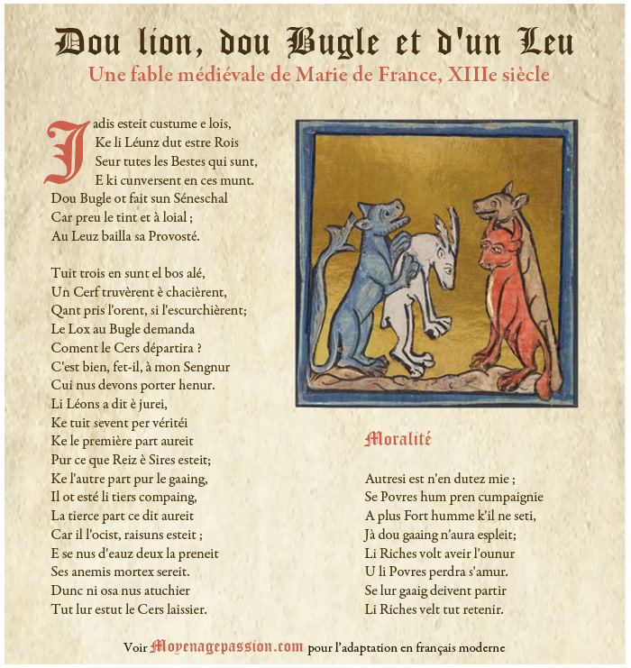 "Dou lion, dou bugle et d'un loup" fable de Marie de France avec enluminure du ms français 24428 à la feuille d'or rétouchée.