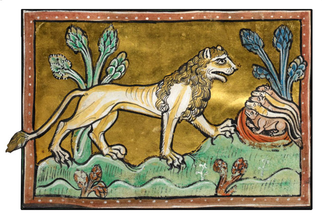 Bestiaire médiéval : enluminure de lion dans le Royal MS 12 F de la British Library
