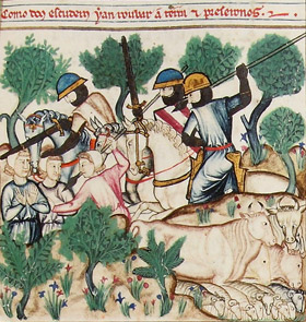 Les deux écuyers voleurs sont capturés par des soldats en arme et montés. Enluminure du Codice Rico, CSM 106.