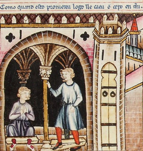 Illustration médiévale représentant les deux prisonnier enfermés :celui qui s'est libéré de ces chaînes explique à l'autre comment le miracle s'est accompli. enluminure du Codice Rico, CSM 106
