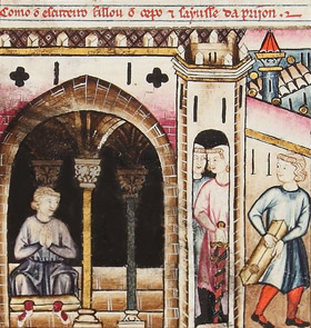 Scène tirée d'un manuscrit médiéval à l'intérieur d'une église : un prisonnier assis dans une geôle, deux garde le surveille, tandis que le premier prisonnier s'échappe. une tour se dresse à l'arrière-plan. enluminure du Codice Rico, CSM 106.