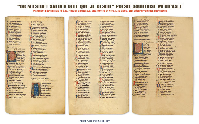 Le salut d'Amour en Alexandrins dans le manuscrit médiéval enluminé Français 837 de la BnF, Recueil de fabliaux, dits, contes en vers, datation (fin du XIIIe s)