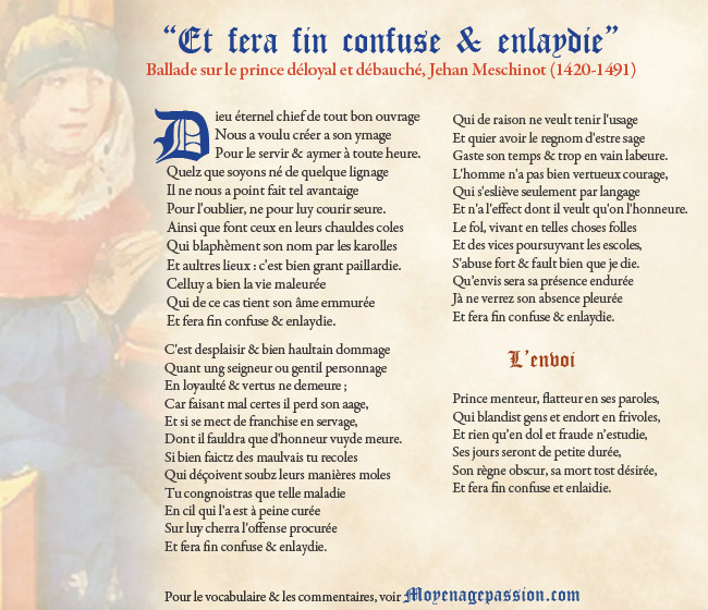 La ballade satirique de Meschinot en graphie moderne avec extrait d'enluminure tiré du ms 24314